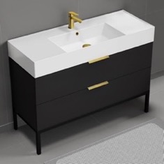 48 inch Bathroom Vanity With Sink - Modern, Matte Black, Free Standing, Gold Handles